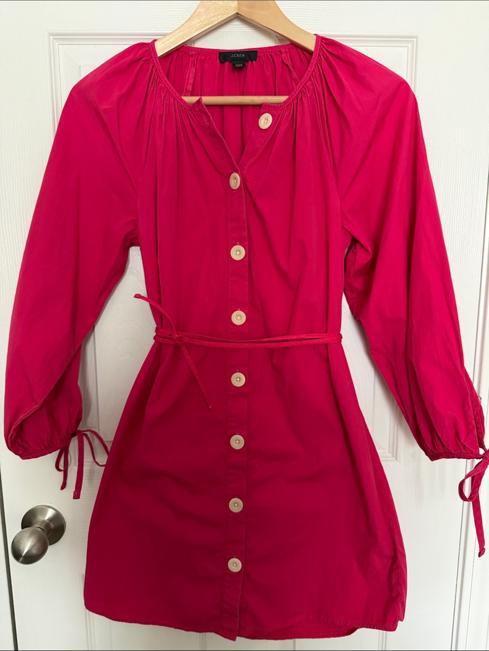 J. Crew Hot Pink Button-Front Tie-Waist Long-Sleeve Dress | Size XXS